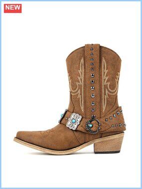 Western Cowgirl Ankle Boots Embroidery Pointed Toe Block Heel